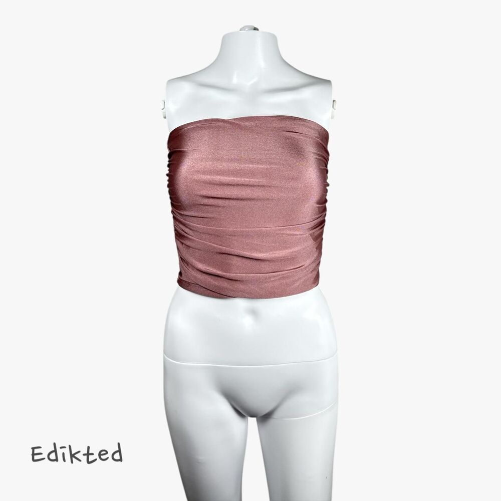 Edikted Women's Shiny Ruched Crop Tube Top in Mauve Size S Glam Party Preppy
